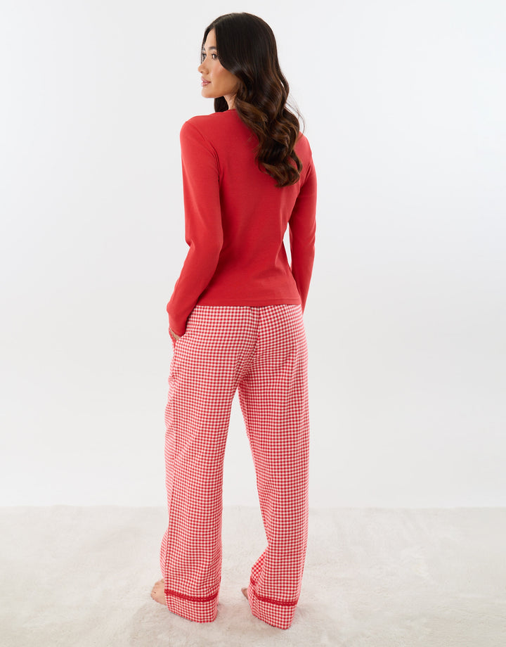 Threadbare Cotton Round Neck Pyjama Set in Red Check - back view