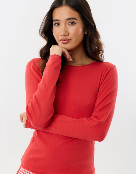 Threadbare Cotton Round Neck Pyjama Set in Red Check - close up
