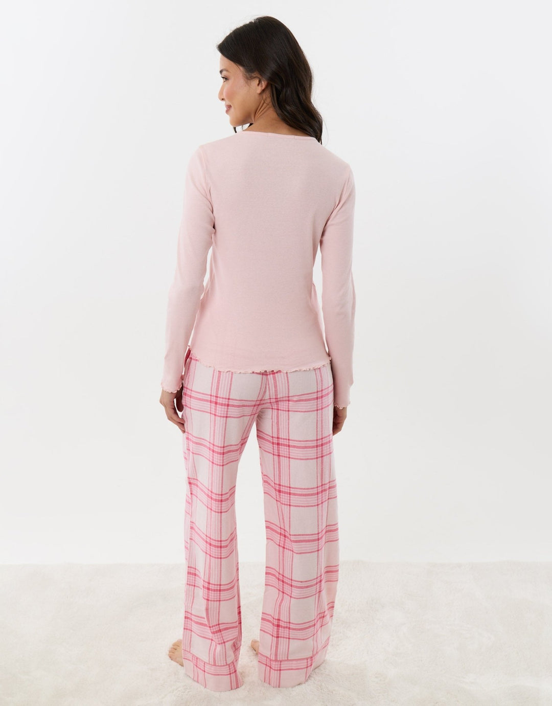 Cotton Rich Long Pyjama Set in Pink Check