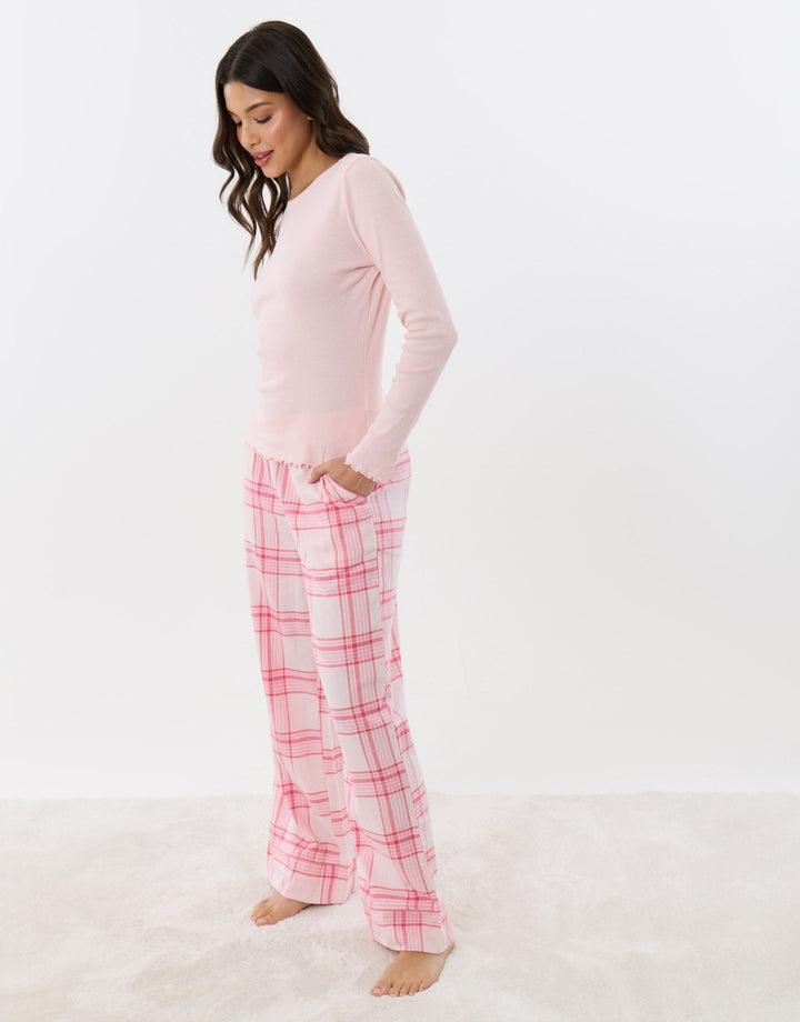 Cotton Rich Long Pyjama Set in Pink Check