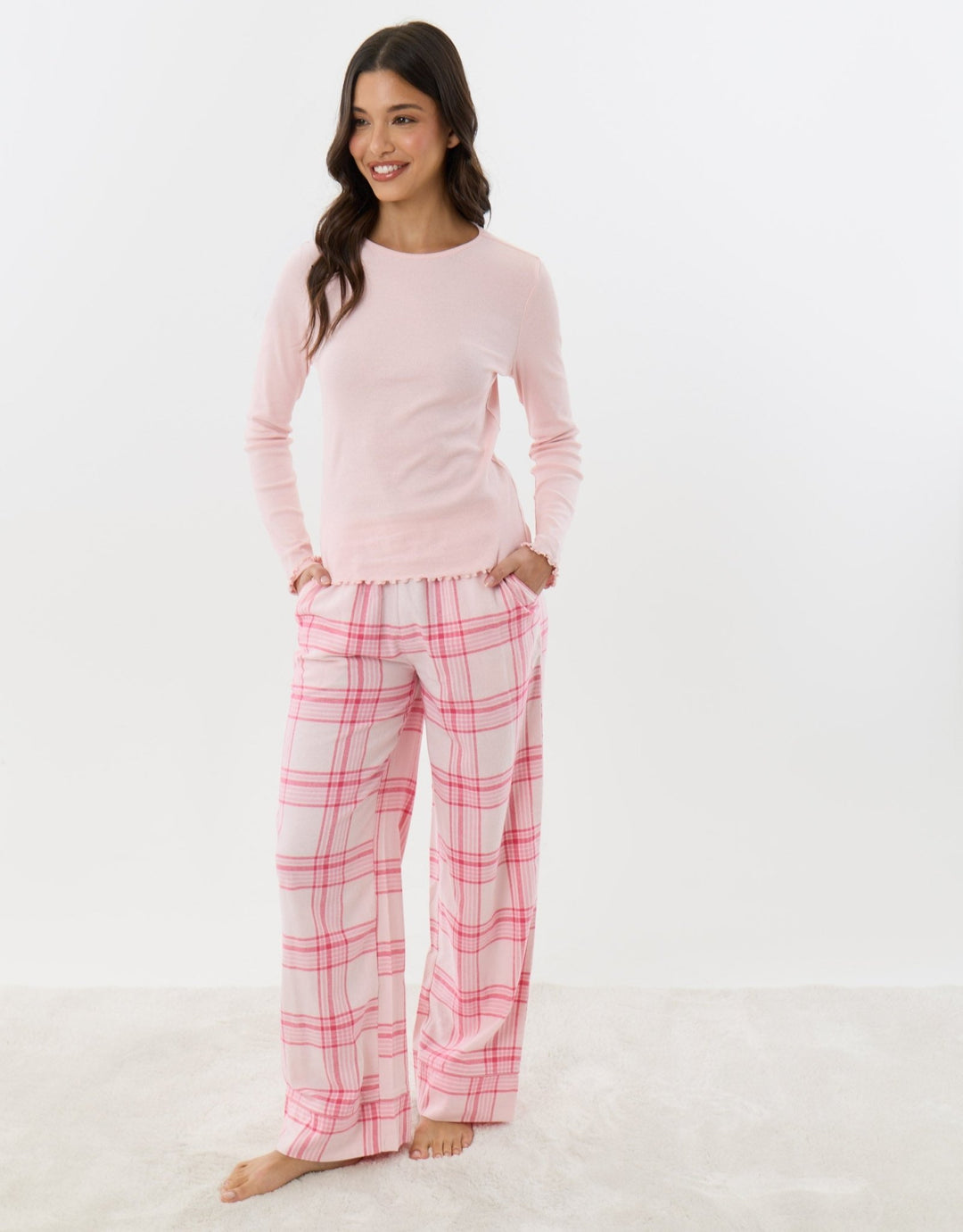 Cotton Rich Long Pyjama Set in Pink Check
