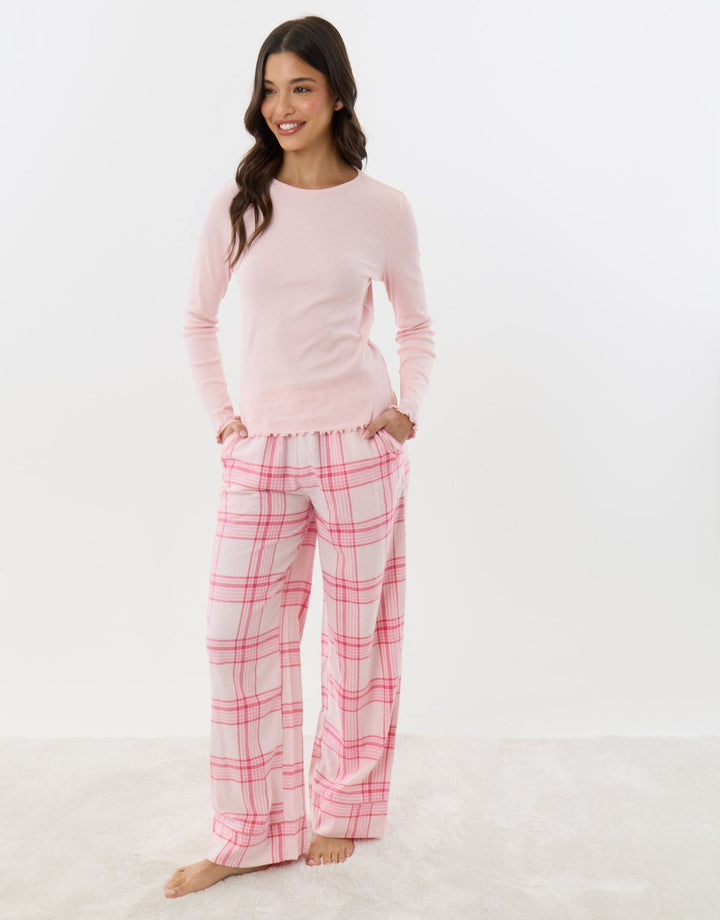 Cotton Rich Long Pyjama Set in Pink Check