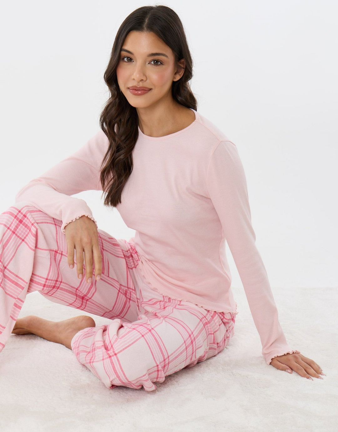 Cotton Rich Long Pyjama Set in Pink Check
