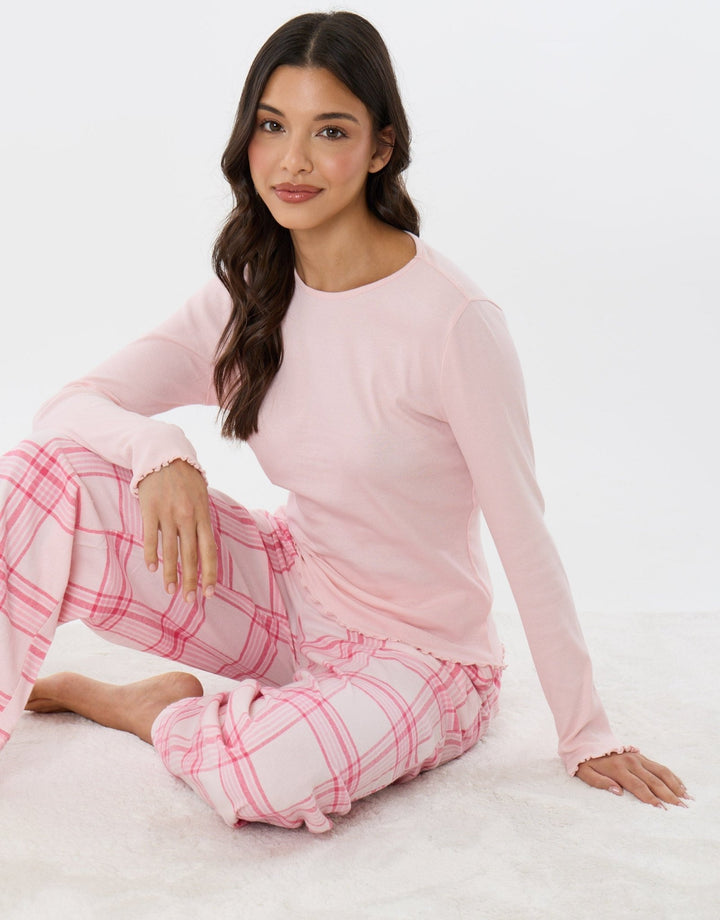 Cotton Rich Long Pyjama Set in Pink Check