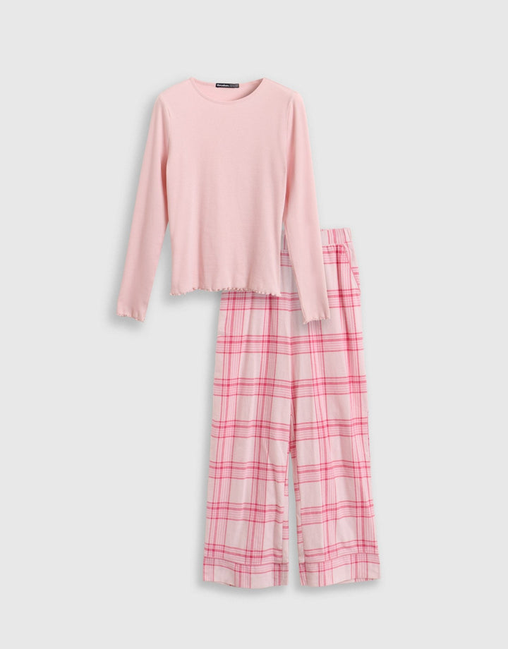 Cotton Rich Long Pyjama Set in Pink Check