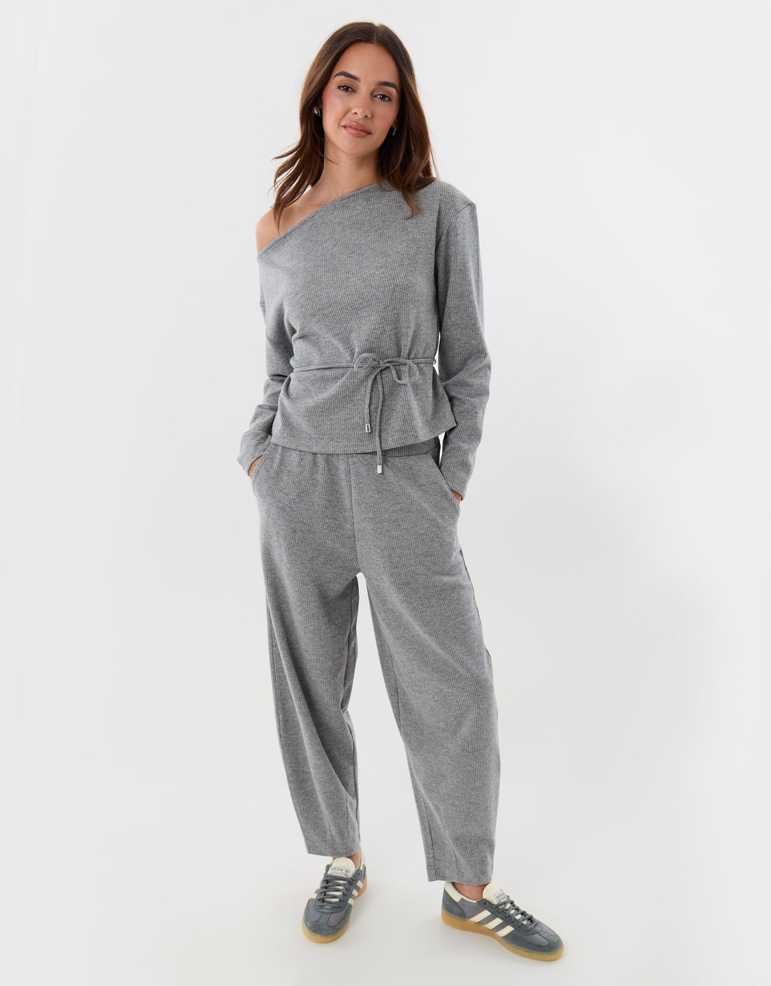 Threadbare Ribbed Slash Neck Top & Wide Leg Trousers Co-ord in Charcoal Grey - front view