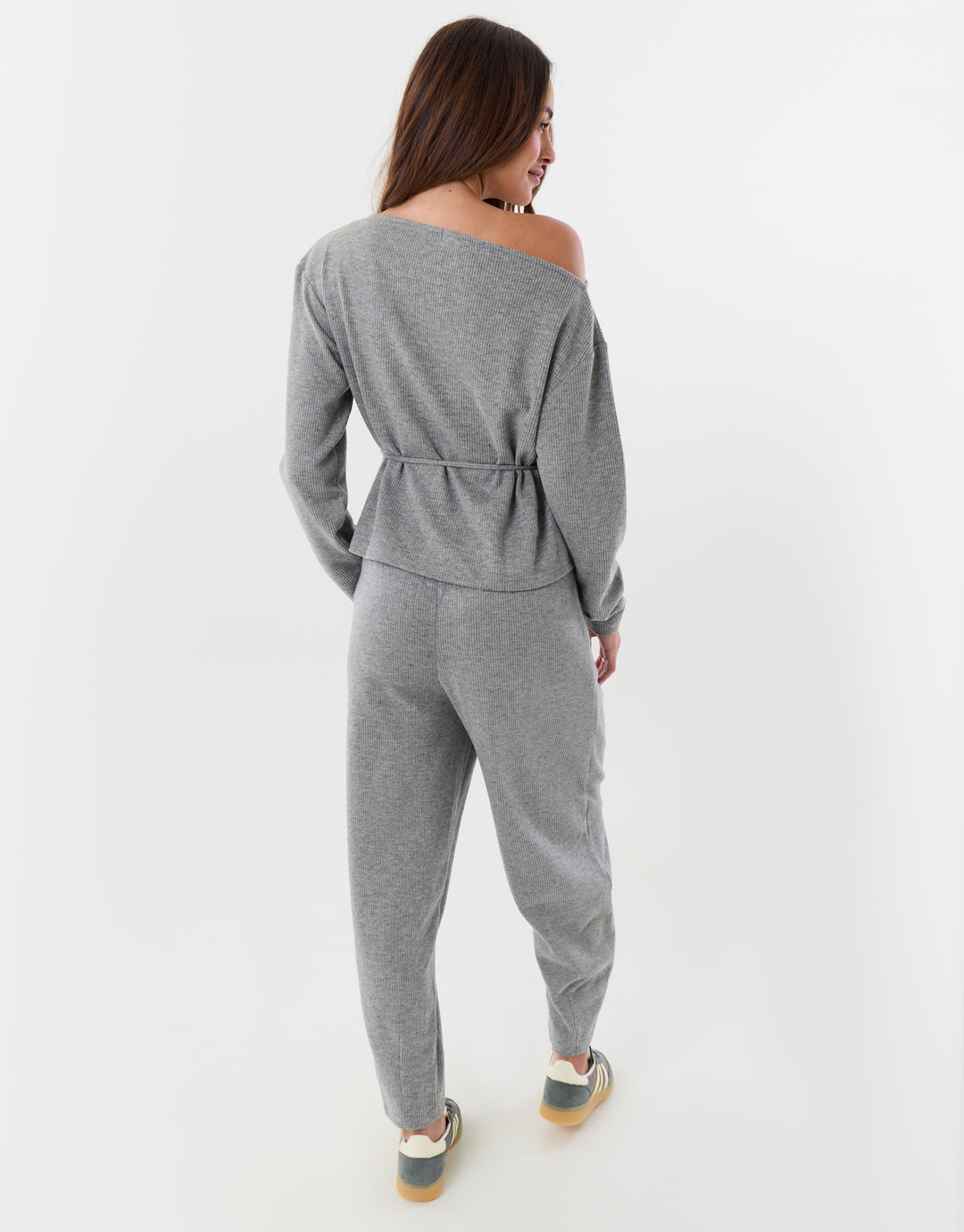 Threadbare Ribbed Slash Neck Top & Wide Leg Trousers Co-ord in Charcoal Grey - back view
