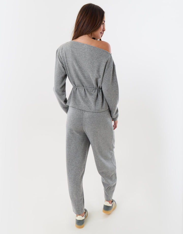 Threadbare Ribbed Slash Neck Top & Wide Leg Trousers Co-ord in Charcoal Grey - back view