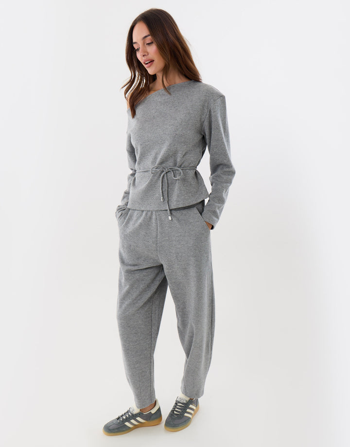 Threadbare Ribbed Slash Neck Top & Wide Leg Trousers Co-ord in Charcoal Grey - full side view