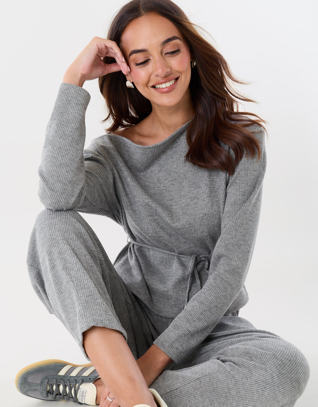 Threadbare Ribbed Slash Neck Top & Wide Leg Trousers Co-ord in Charcoal Grey - 