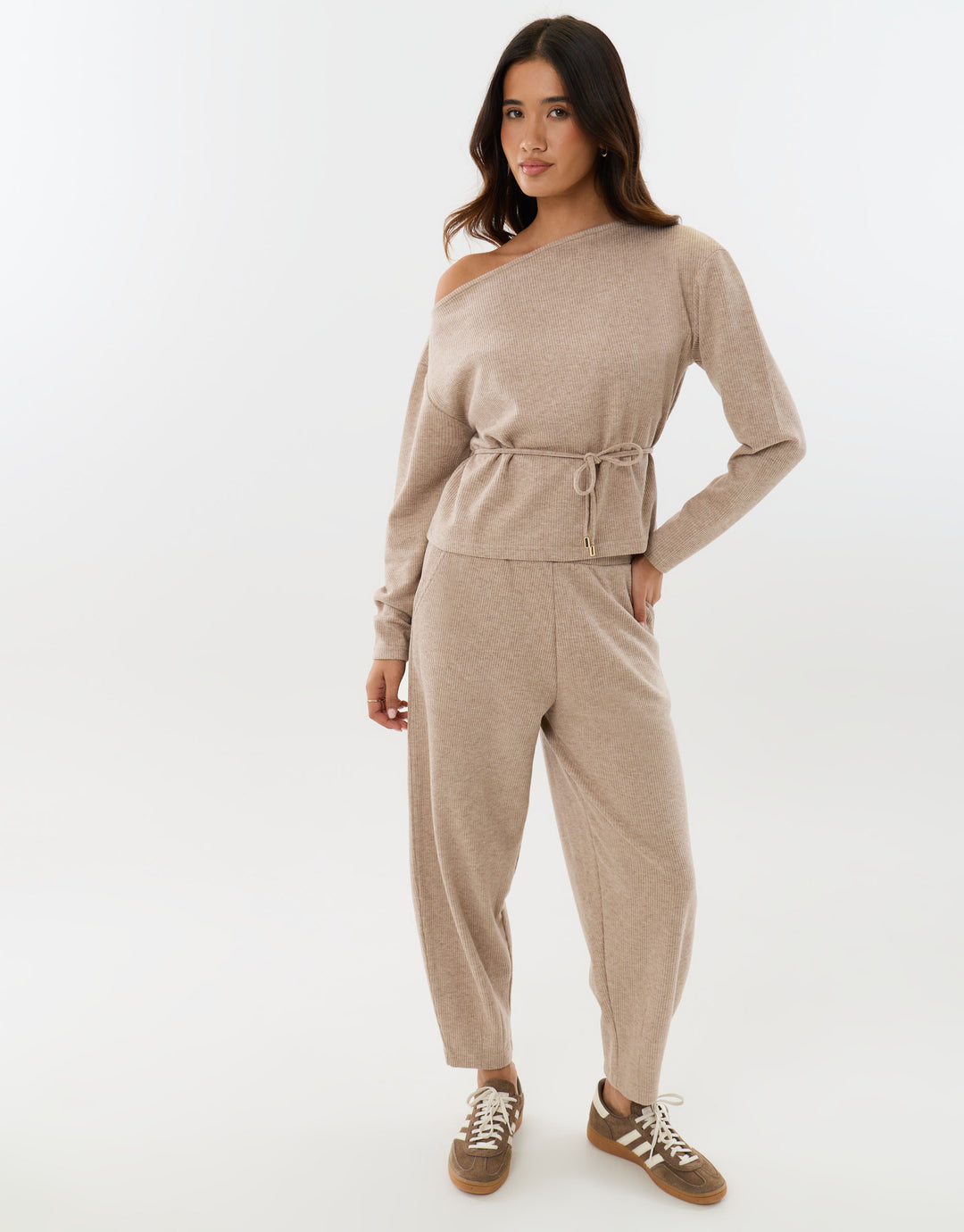 Threadbare Ribbed Slash Neck Top & Wide Leg Trousers Co-ord in Stone - front view
