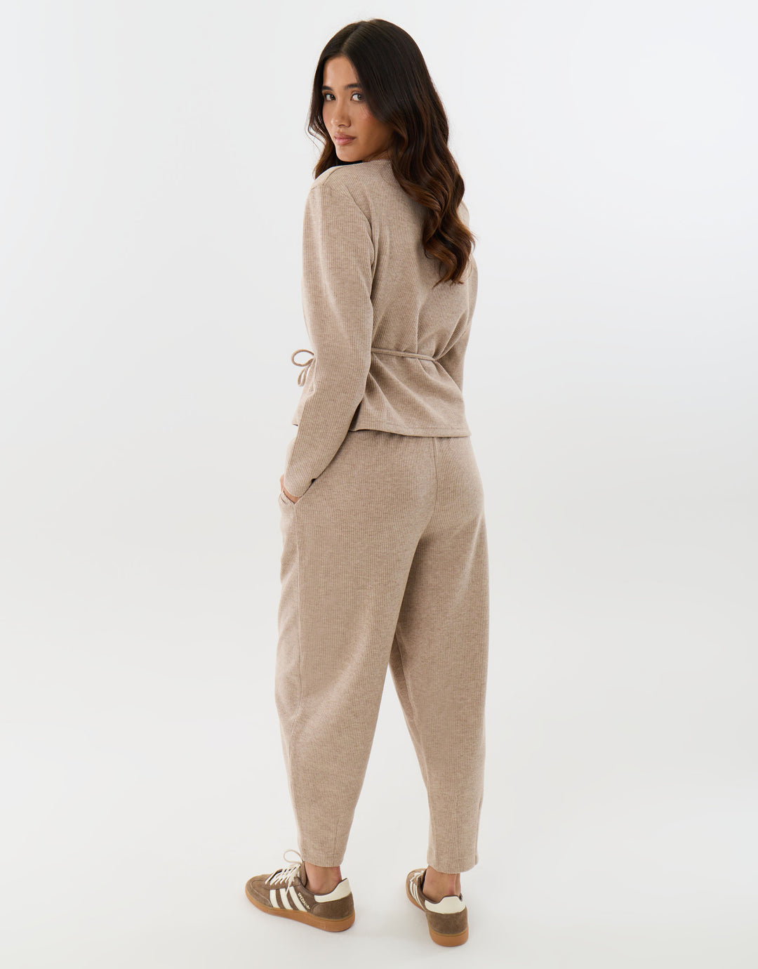 Threadbare Ribbed Slash Neck Top & Wide Leg Trousers Co-ord in Stone -  back view