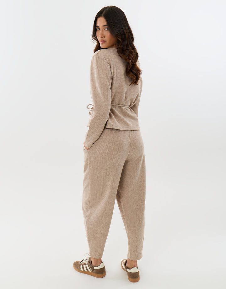Threadbare Ribbed Slash Neck Top & Wide Leg Trousers Co-ord in Stone -  back view