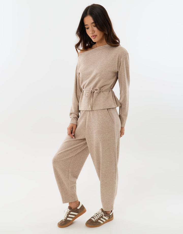 Threadbare Ribbed Slash Neck Top & Wide Leg Trousers Co-ord in Stone - side front view