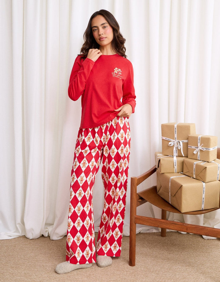 Petite Cotton Gingerbread Man Print Christmas Pyjama Set in Red