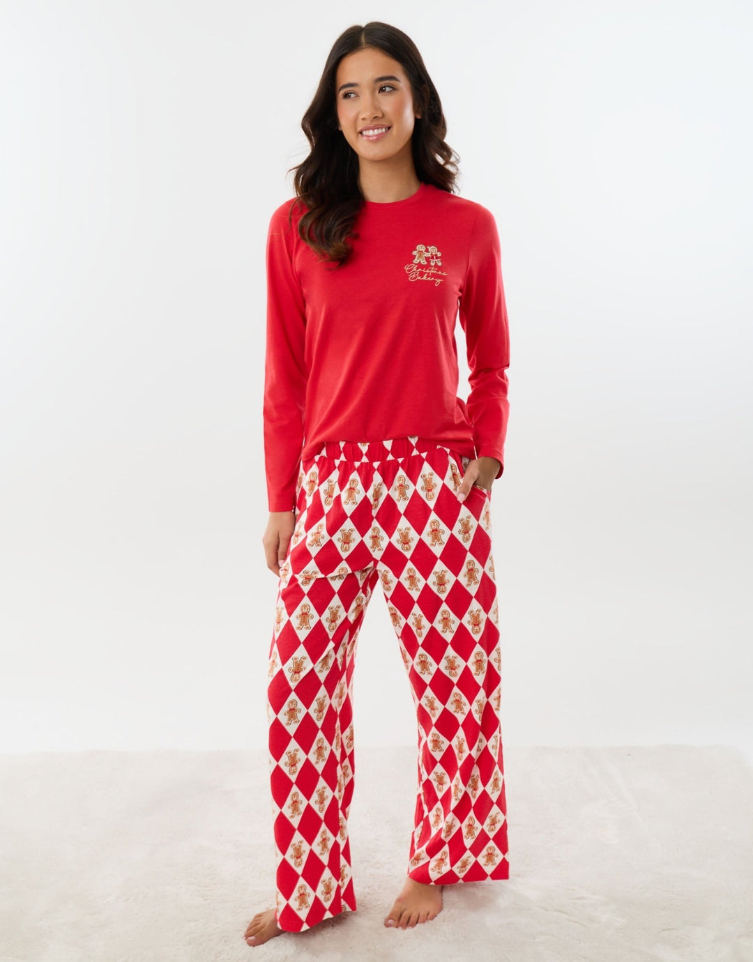 Petite Cotton Gingerbread Man Print Christmas Pyjama Set in Red