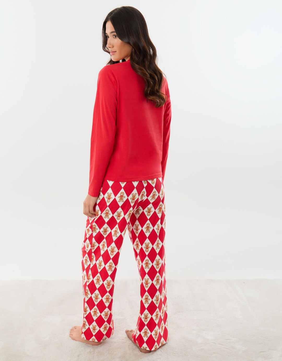 Petite Cotton Gingerbread Man Print Christmas Pyjama Set in Red
