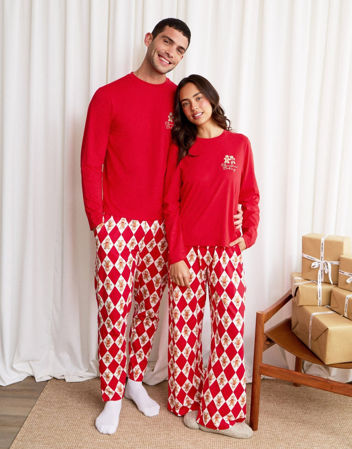 Cotton Gingerbread Man Print Christmas Pyjama Set in Red