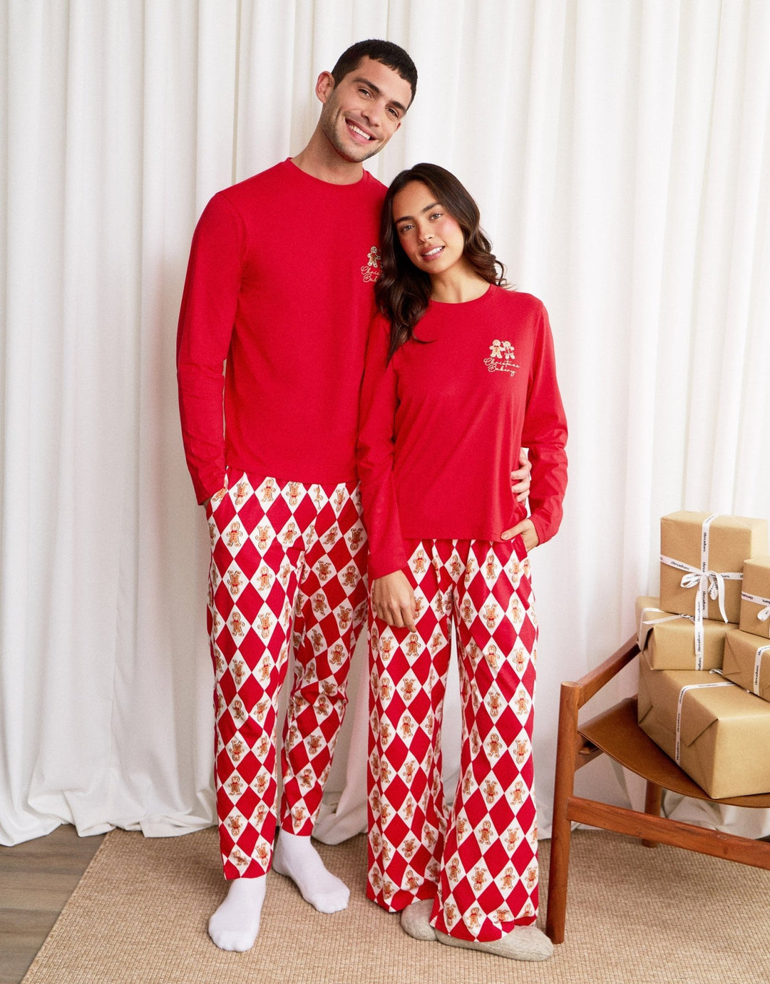 Petite Cotton Gingerbread Man Print Christmas Pyjama Set in Red