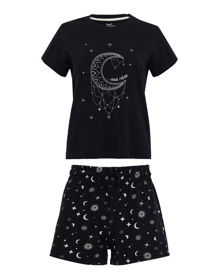 Black Moon and Star Print Short Pyjama Set