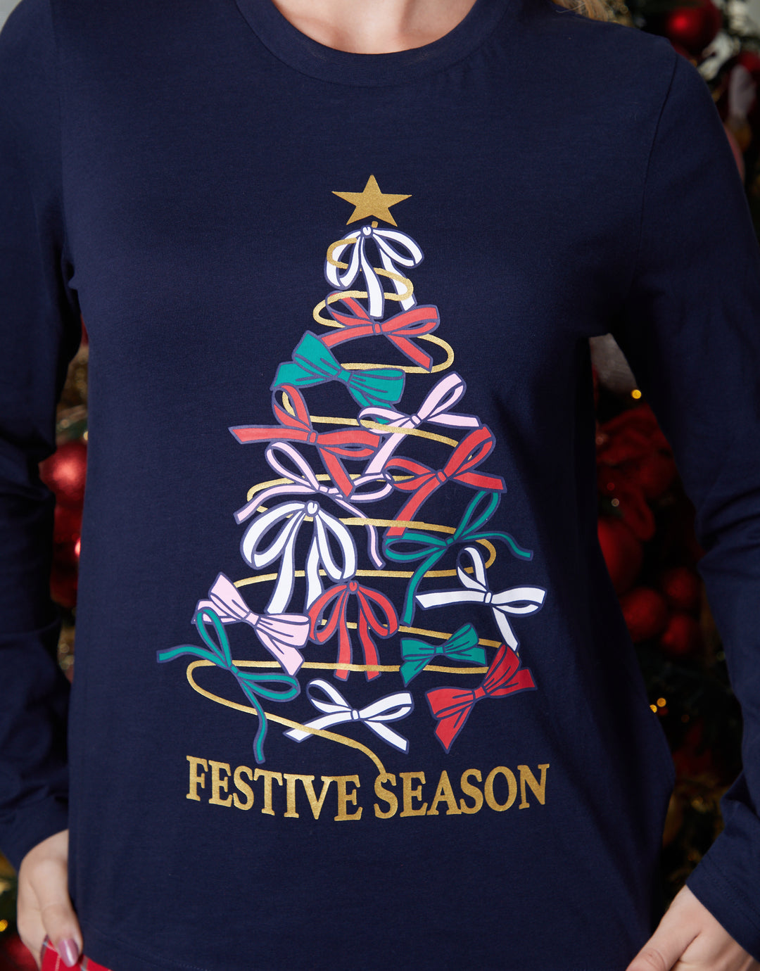 Navy Christmas Tree Graphic Long Pyjamas (2-Piece Set)