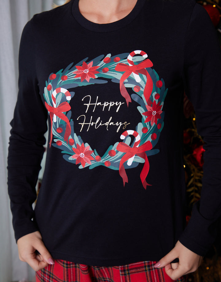 Black Christmas Wreath Long Pyjamas (2-Piece Set)