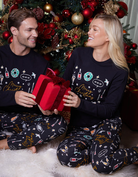 Threadbare Long Pyjama Set in Black Christmas Print - matching his & hers pyjamas