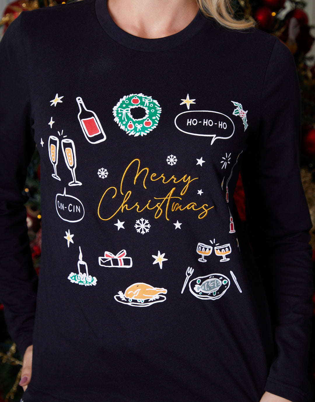 Black Christmas Print Long Pyjamas (2-Piece Set)