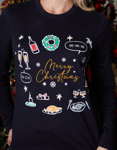 Threadbare Long Pyjama Set in Black Christmas Print - graphic print close up