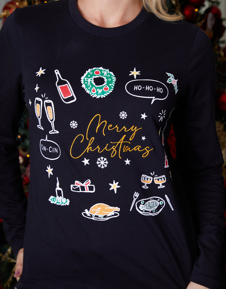 Black Christmas Print Long Pyjamas (2-Piece Set)