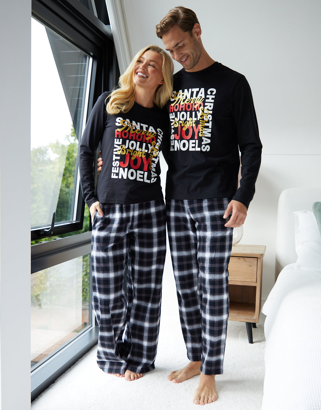 Black Christmas Slogan Graphic Long Pyjamas (2-Piece Set)