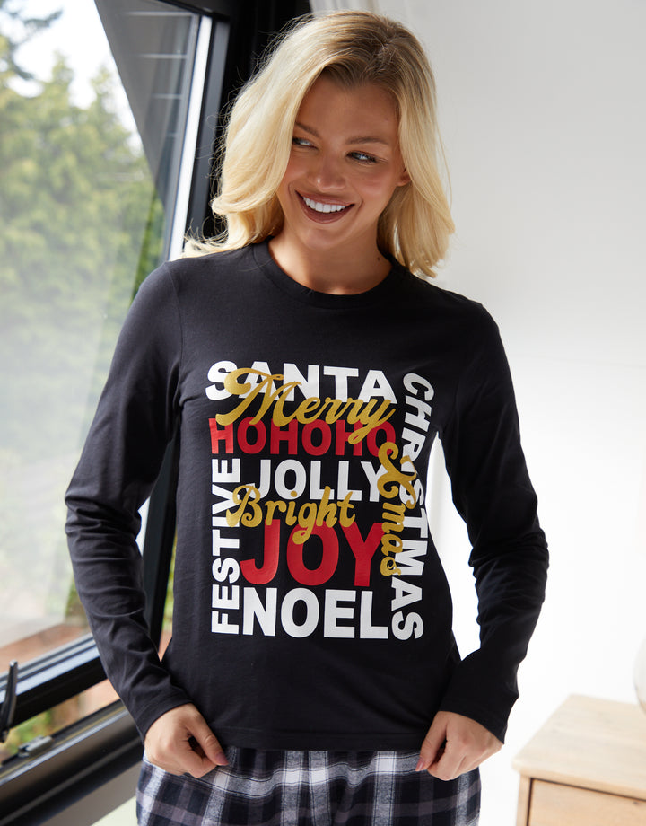 Black Christmas Slogan Graphic Long Pyjamas (2-Piece Set)