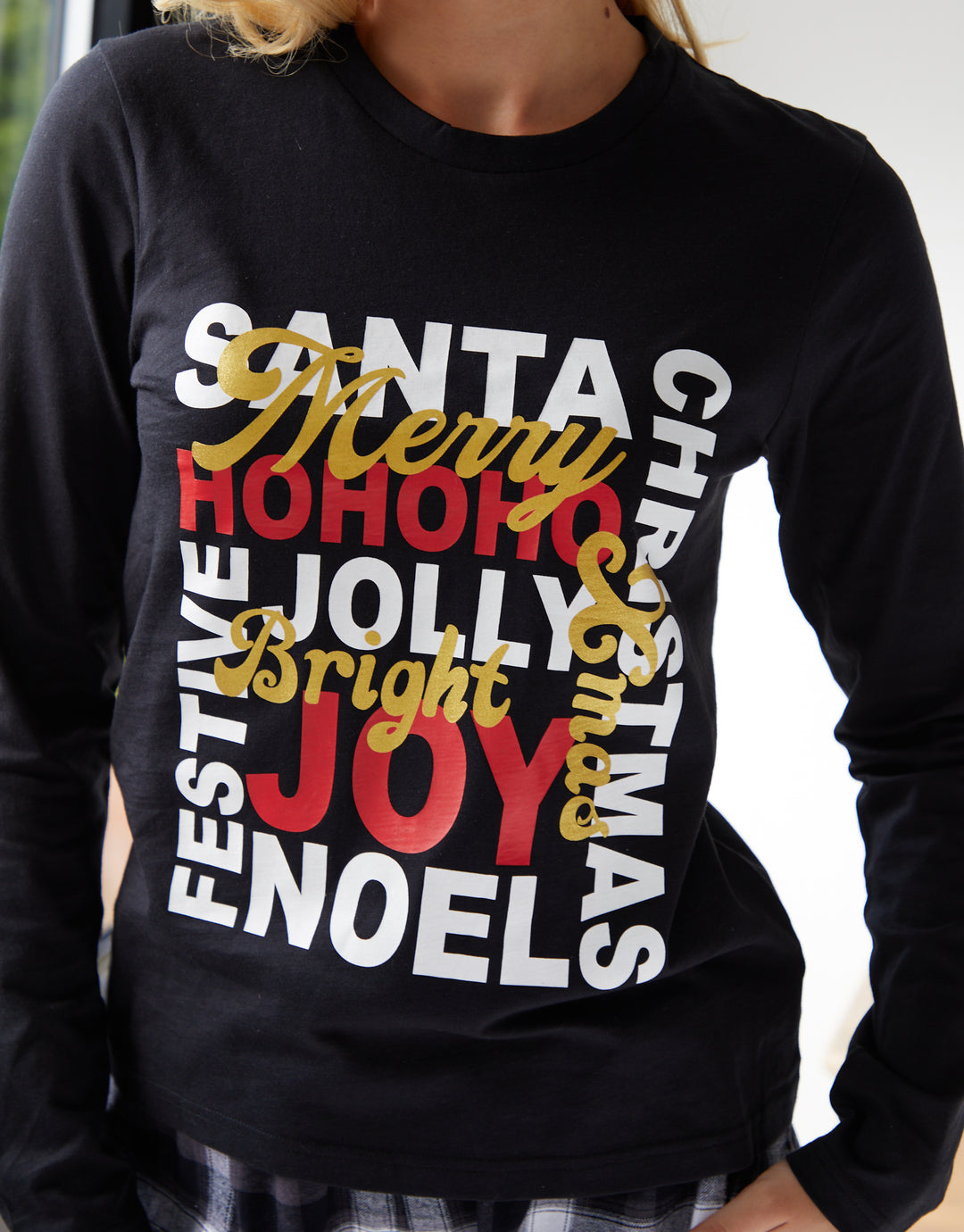 Black Christmas Slogan Graphic Long Pyjamas (2-Piece Set)