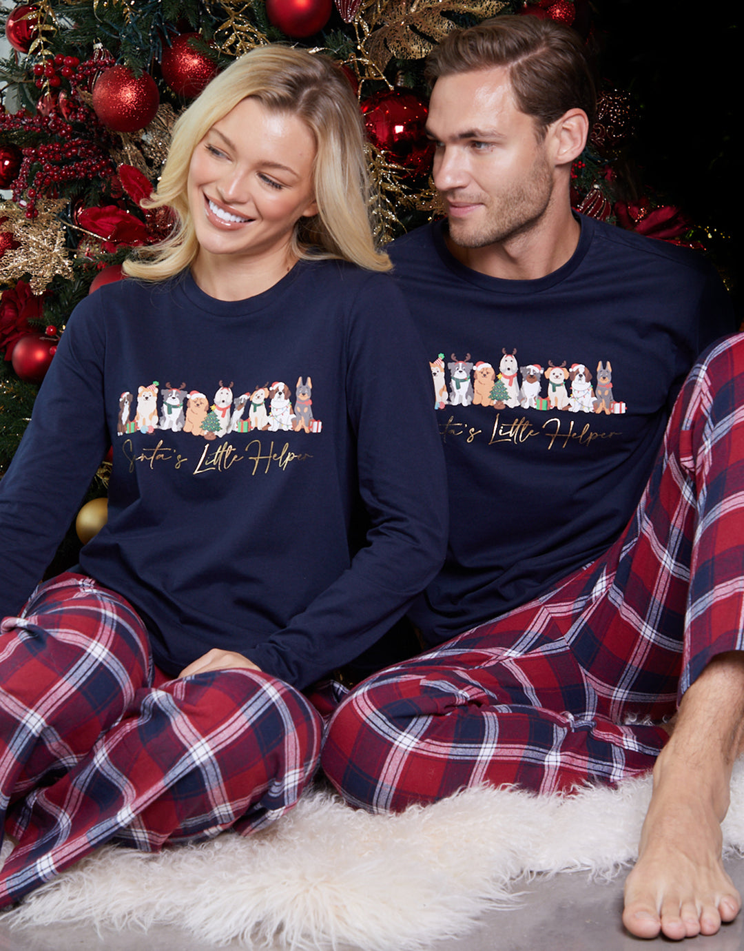 Navy Christmas Dog Graphic Print Long Pyjamas (2-Piece Set)