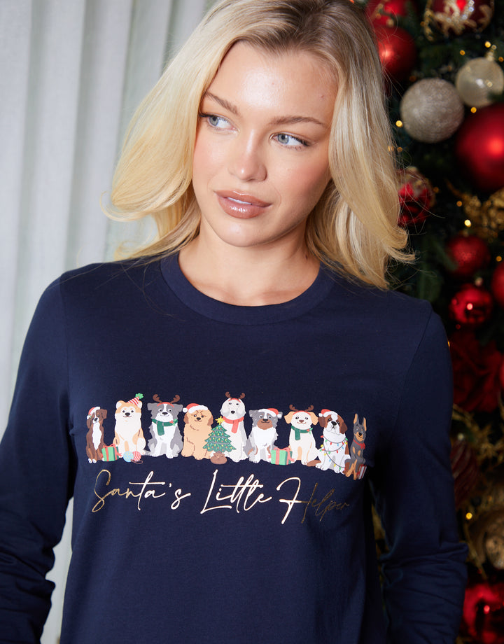 Navy Christmas Dog Graphic Print Long Pyjamas (2-Piece Set)