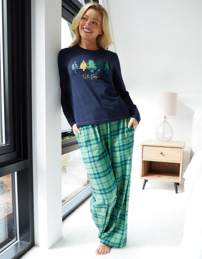 Navy Christmas Tree Graphic Print Long Pyjamas (2-Piece Set)