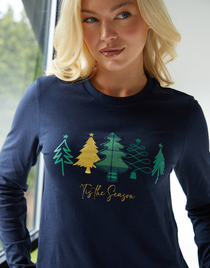 Navy Christmas Tree Graphic Print Long Pyjamas (2-Piece Set)