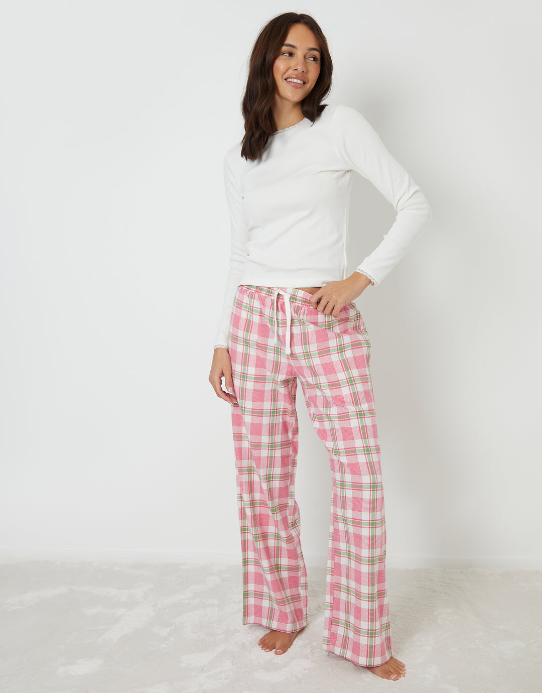 Pink Crew Neck Long Sleeve Check Pyjamas (2-Piece Set)