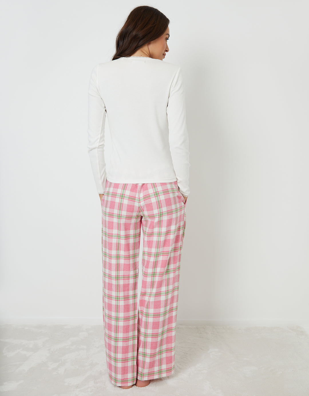 Pink Crew Neck Long Sleeve Check Pyjamas (2-Piece Set)