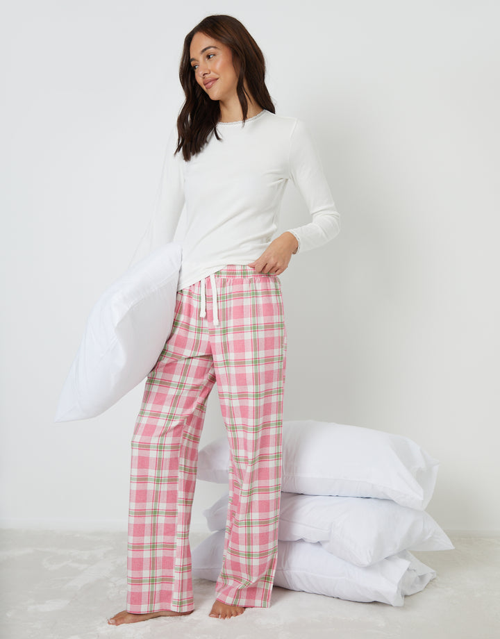 Pink Crew Neck Long Sleeve Check Pyjamas (2-Piece Set)