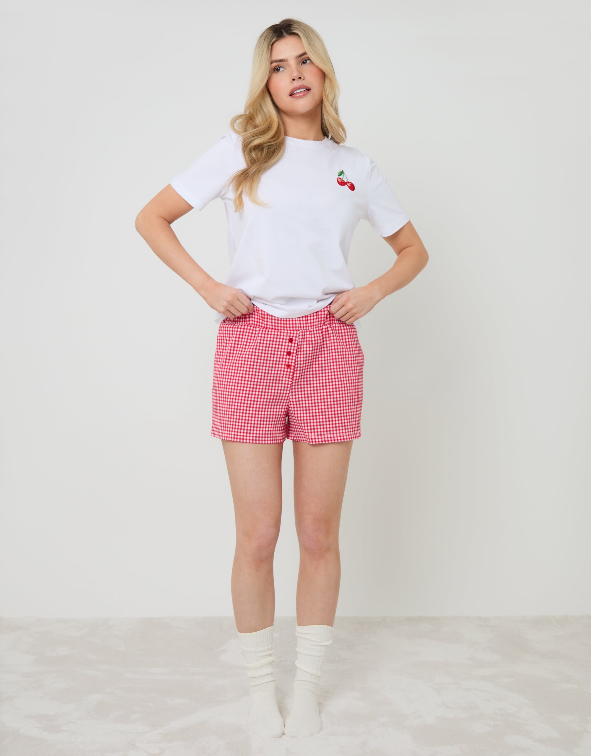 Threadbare Women's Red Cherry Print Gingham Pyjamas (2-Piece Set)