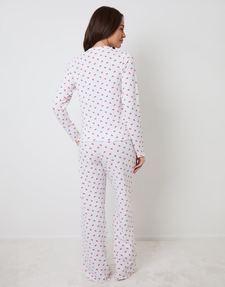 White Cherry Print Lettuce Hem Pyjama Set (2 Piece Set)