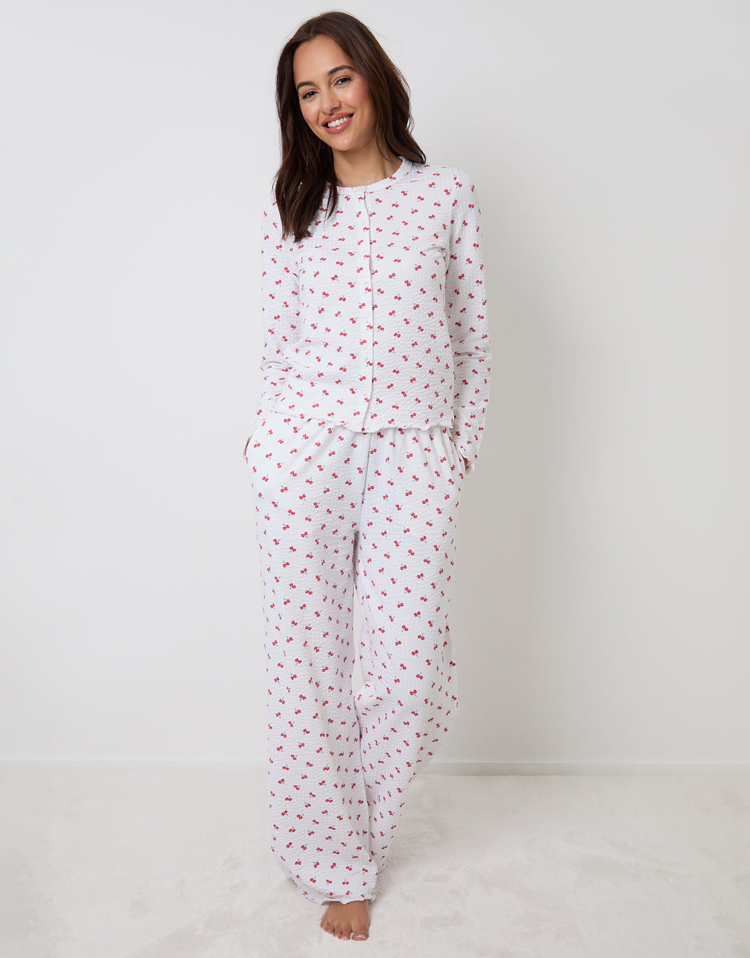 White Cherry Print Lettuce Hem Pyjama Set (2 Piece Set)