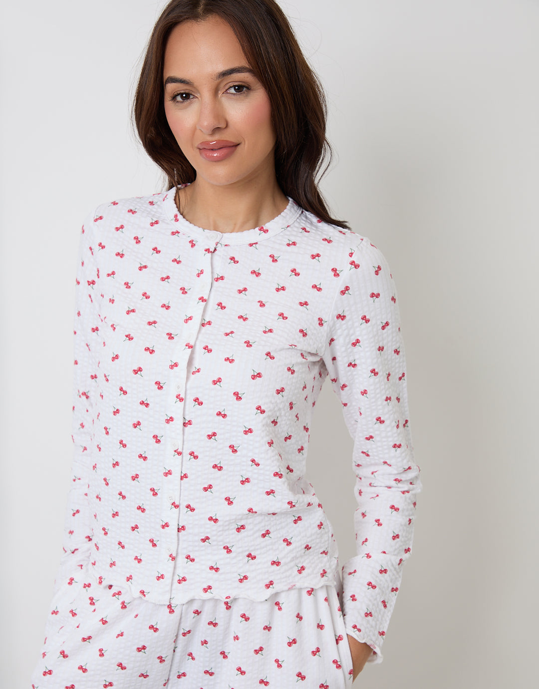 White Cherry Print Lettuce Hem Pyjama Set (2 Piece Set)