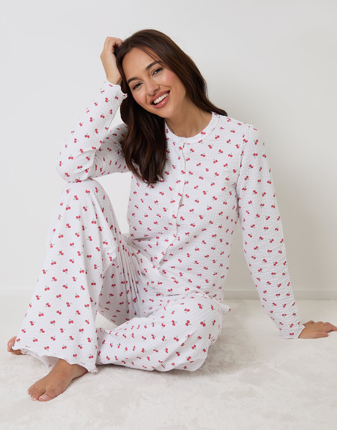White Cherry Print Lettuce Hem Pyjama Set (2 Piece Set)