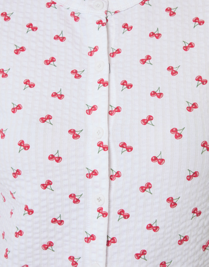 White Cherry Print Lettuce Hem Pyjama Set (2 Piece Set)