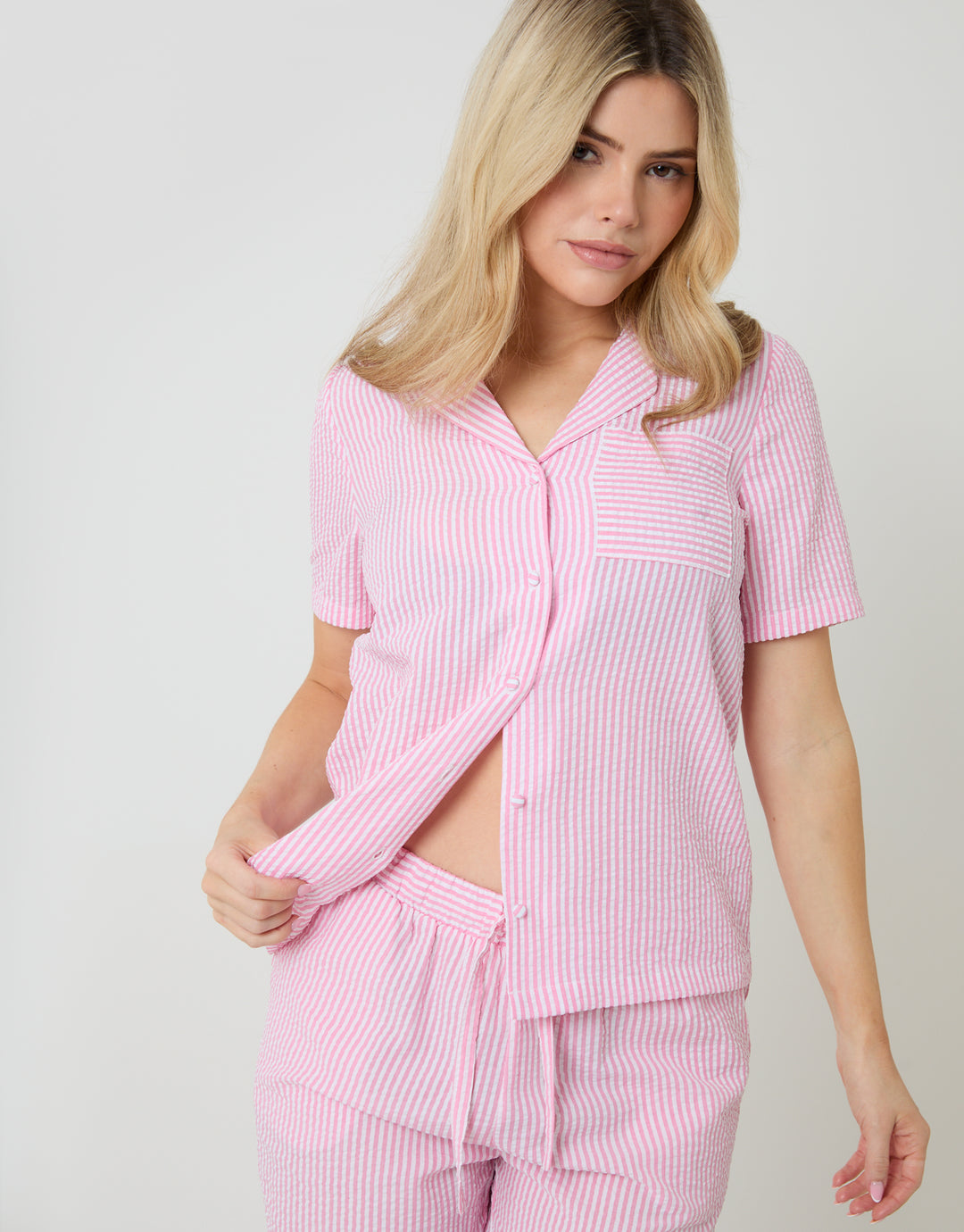 Pink Check Short Sleeve Button Up Pyjama Set