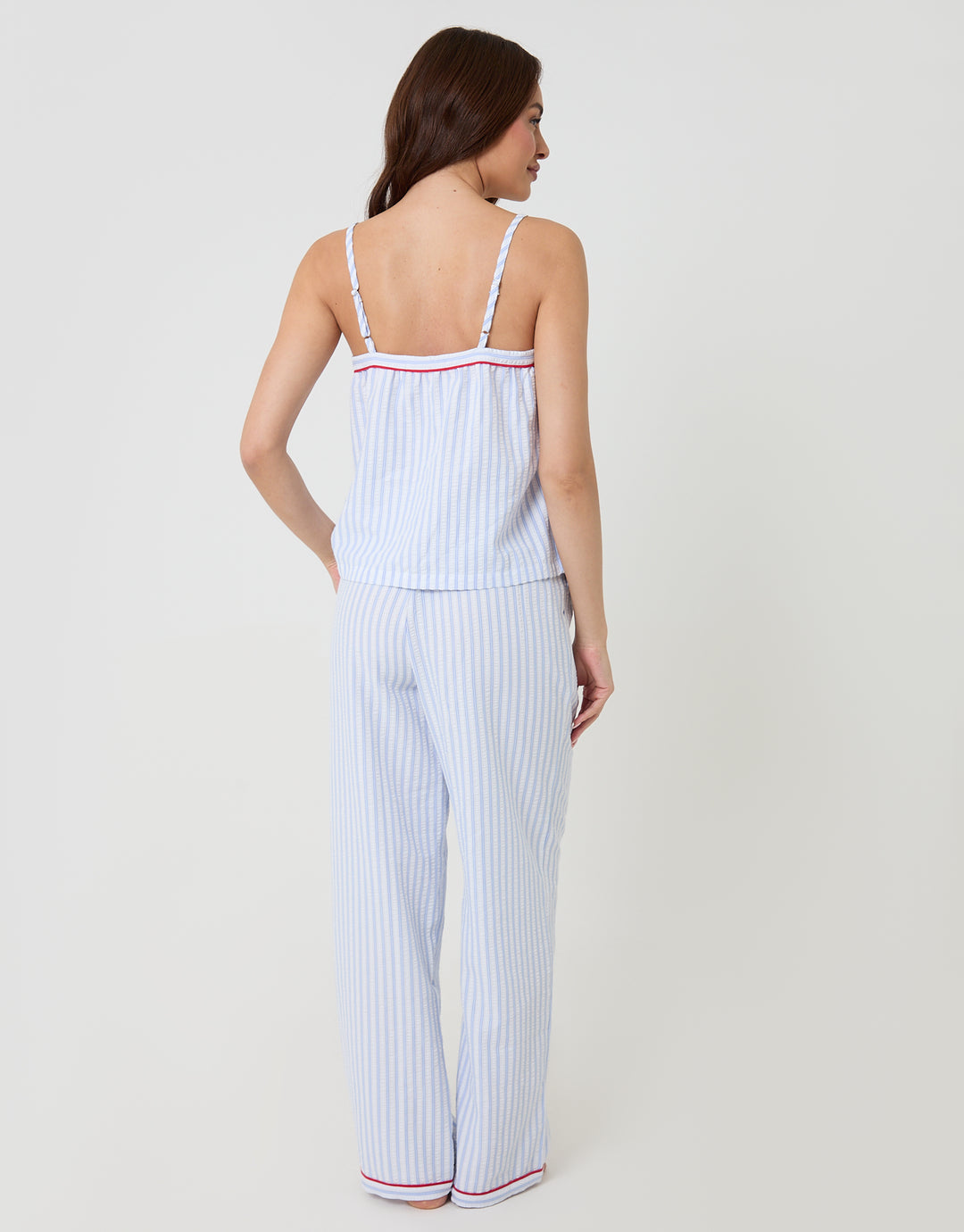 Threadbare Petite A-Line Cami Seersucker Pyjama Set in Blue Stripe - back view