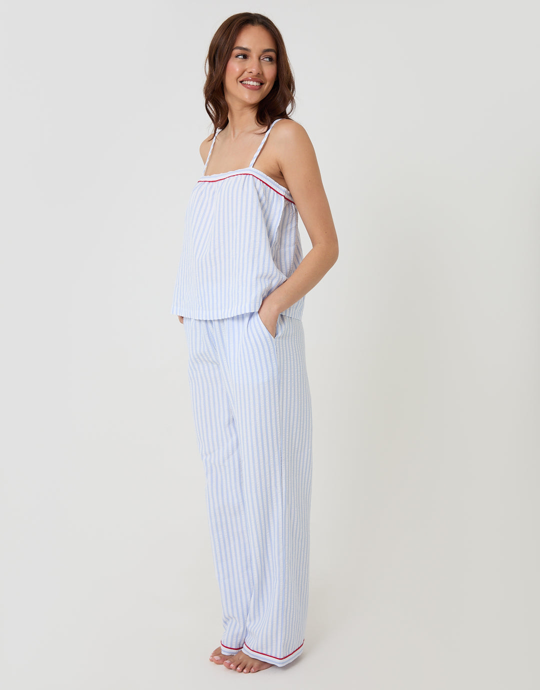 Threadbare Petite A-Line Cami Seersucker Pyjama Set in Blue Stripe - full body side view