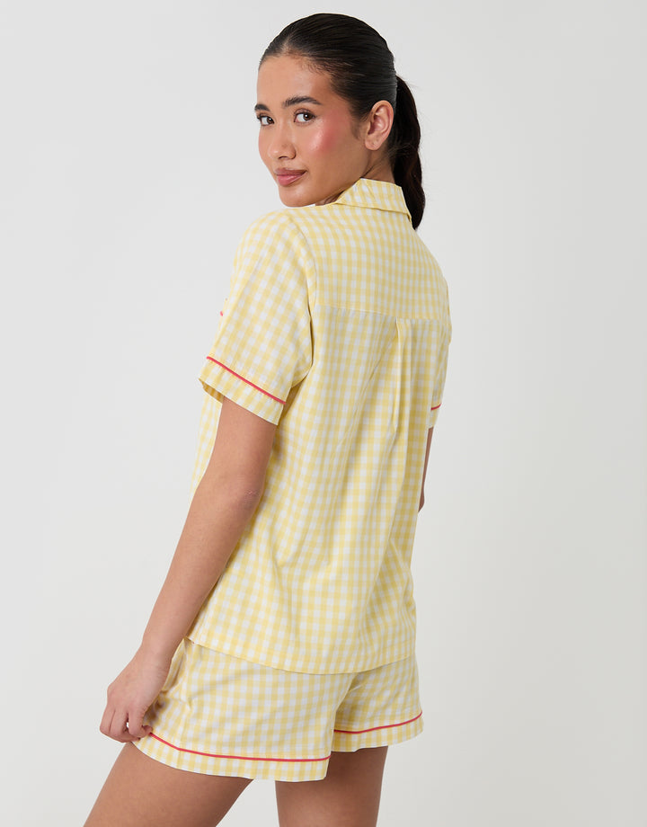 Threadbare Cotton Poplin Button Up Short Pyjama Set in Yellow Check - back view
